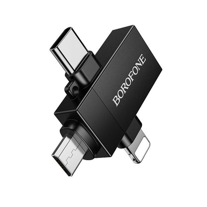 Adaptor OTG Lightning / microUSB / USB-C - USB-A Borofone BV26D, Negru