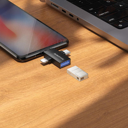 Adaptor OTG Lightning / microUSB / USB-C - USB-A Borofone BV26D, Negru