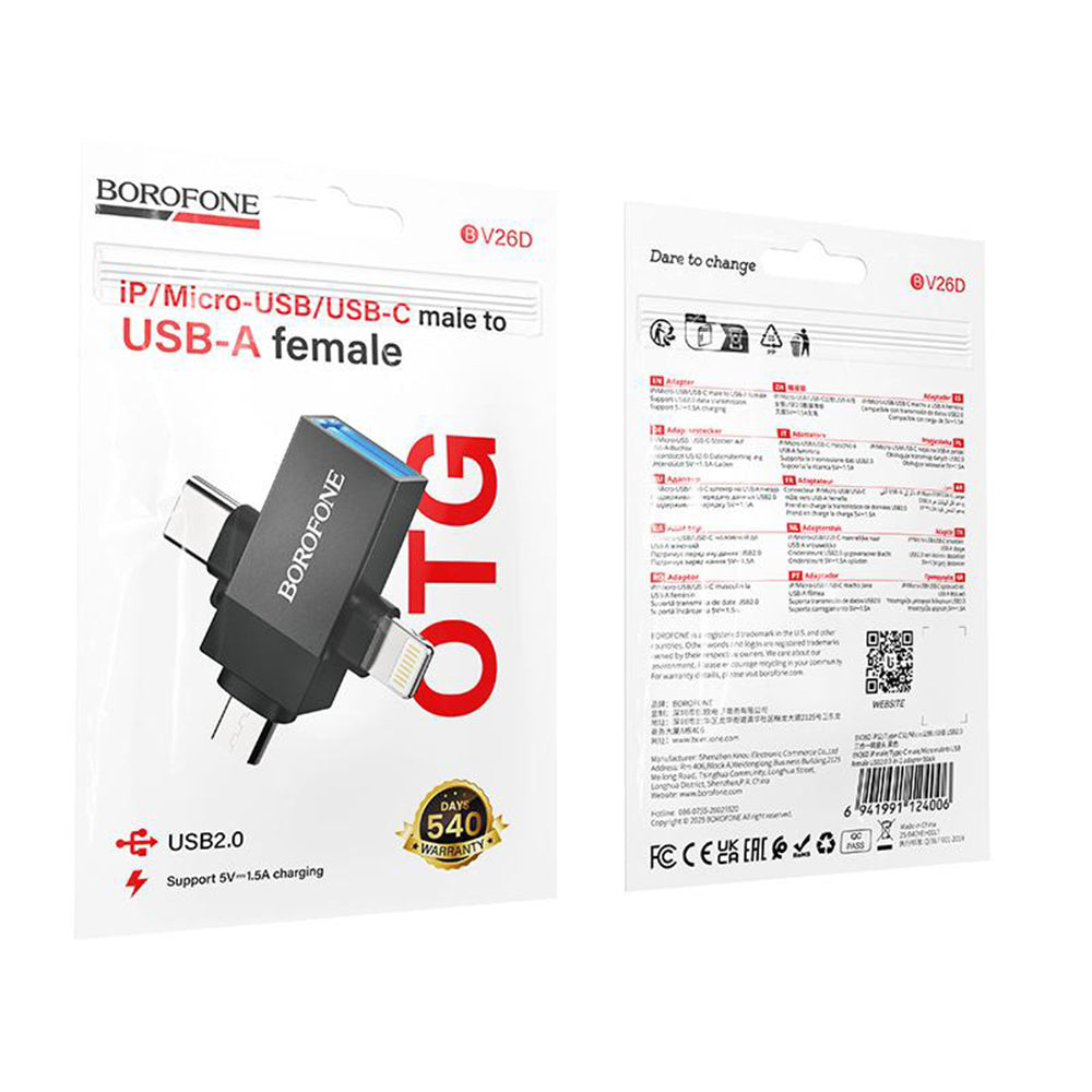Adaptor OTG Lightning / microUSB / USB-C - USB-A Borofone BV26D, Negru