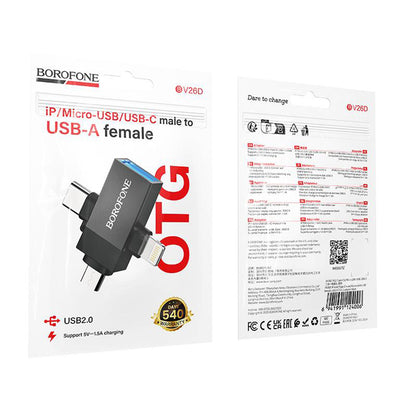 Adaptor OTG Lightning / microUSB / USB-C - USB-A Borofone BV26D, Negru