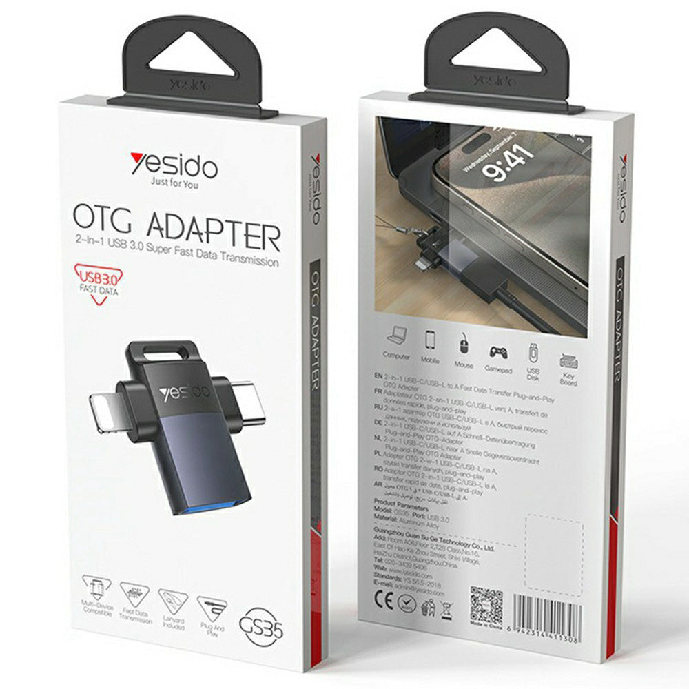 Adaptor OTG Lightning / USB-C - USB-A Yesido GS35, Gri