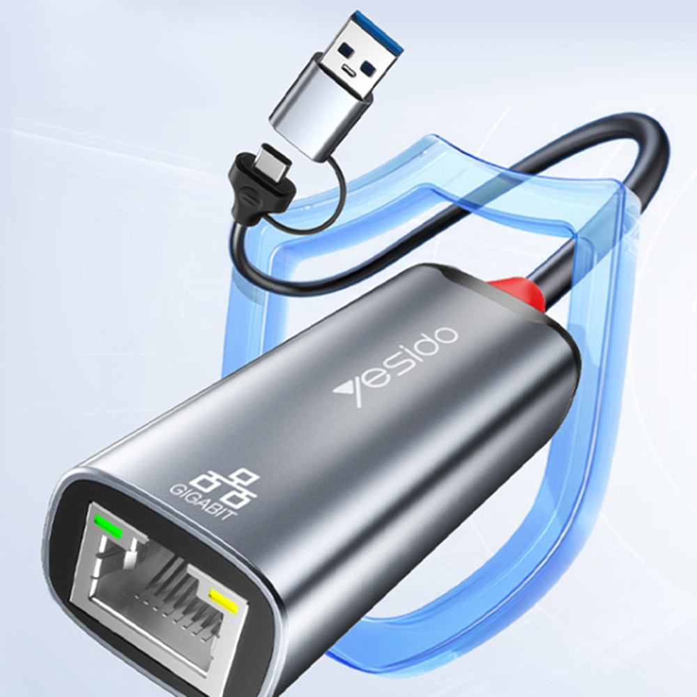 Adaptor Retea Yesido HB26, RJ45, USB / USB-C, Gri