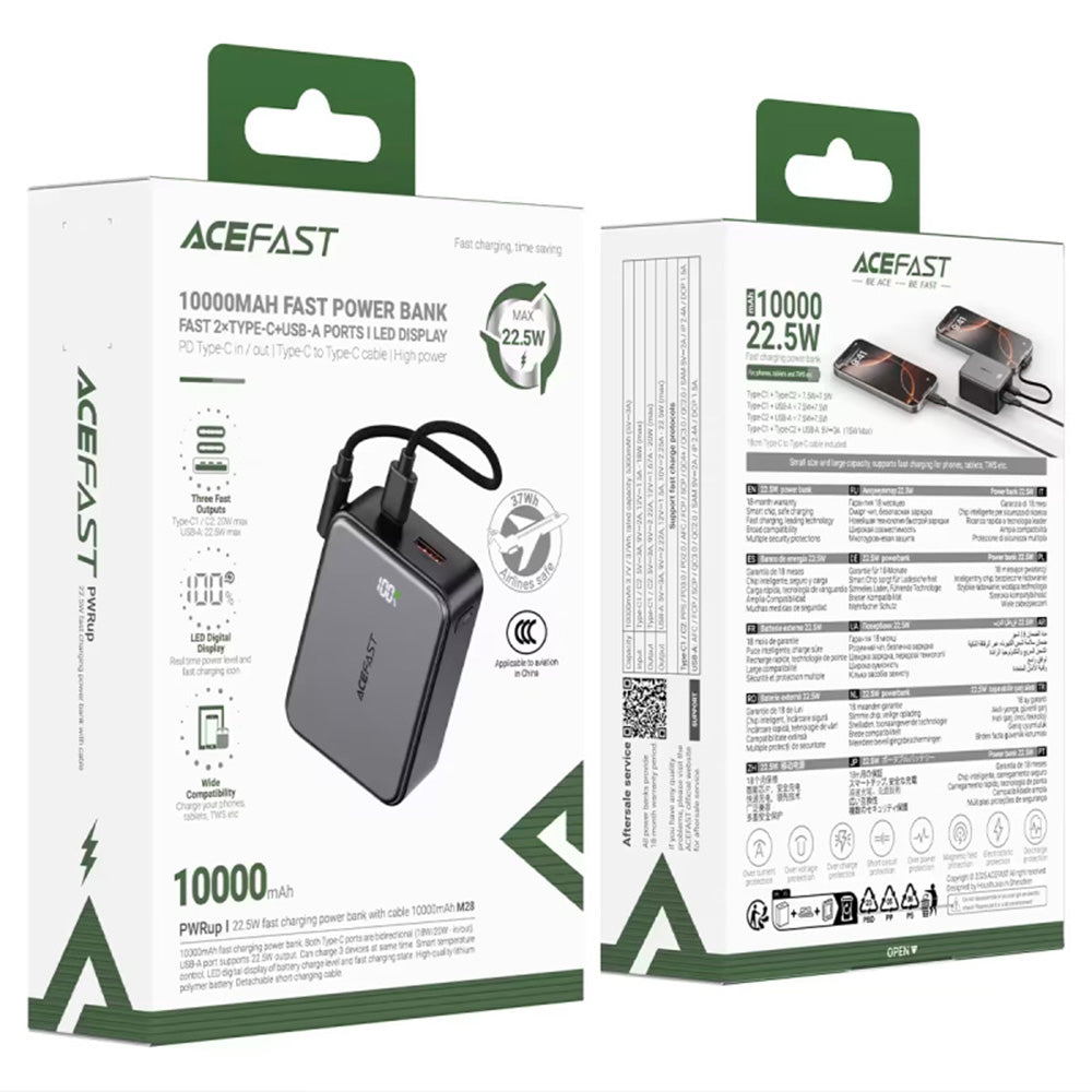 Baterie Externa Acefast M28, 10000mAh, 22.5W, QC + PD , 1 x USB-A - 2 x USB-C, Neagra