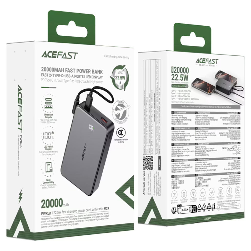Baterie Externa Acefast M29, 20000mAh, 22.5W, QC + PD,  1 x USB-A - 2 x USB-C, Neagra