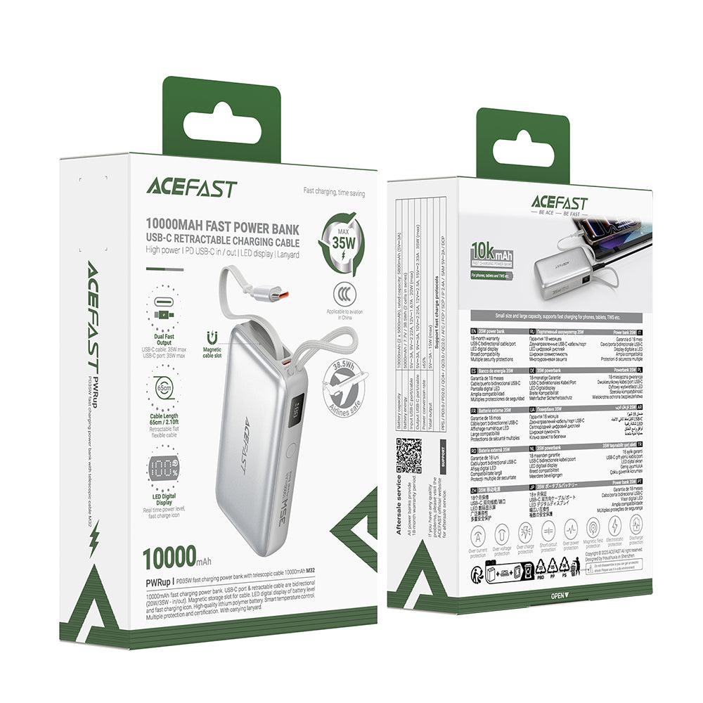 Baterie Externa Acefast M32, 10000mAh, 35W, PD , 2 x USB-C, Argintie
