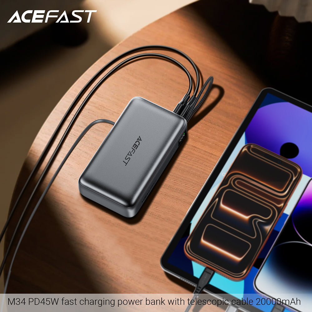 Baterie Externa Acefast M34, 20000mAh, 45W, QC + PD , 1 x  USB-A - 2 x USB-C, Argintie