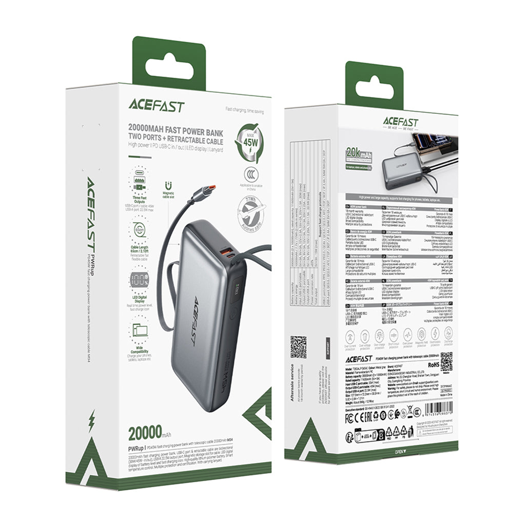 Baterie Externa Acefast M34, 20000mAh, 45W, QC + PD , 1 x  USB-A - 2 x USB-C, Gri