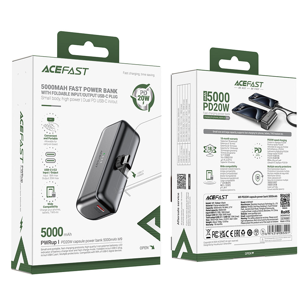 Baterie Externa Acefast M9, 5000mAh, 20W, PD , 2 x USB-C, Neagra
