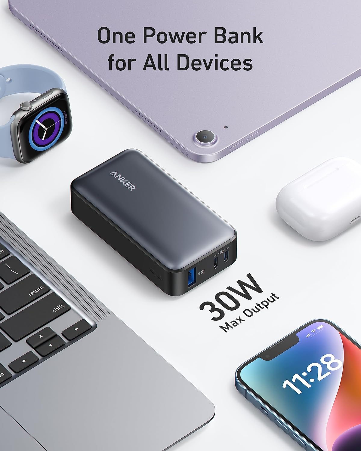 Baterie Externa Anker 533, 10000mAh, 30W, QC + PD, 1 x USB-A - 2 x USB-C, Neagra A1256G12
