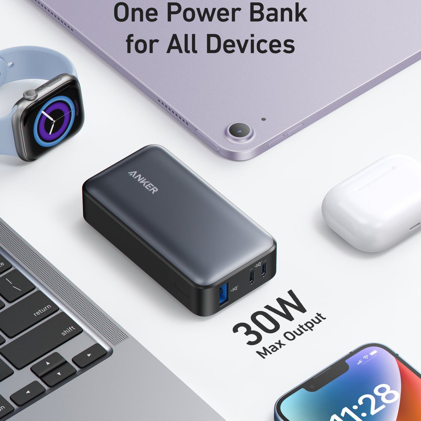 Baterie Externa Anker 533, 10000mAh, 30W, QC + PD, 1 x USB-A - 2 x USB-C, Neagra A1256G11