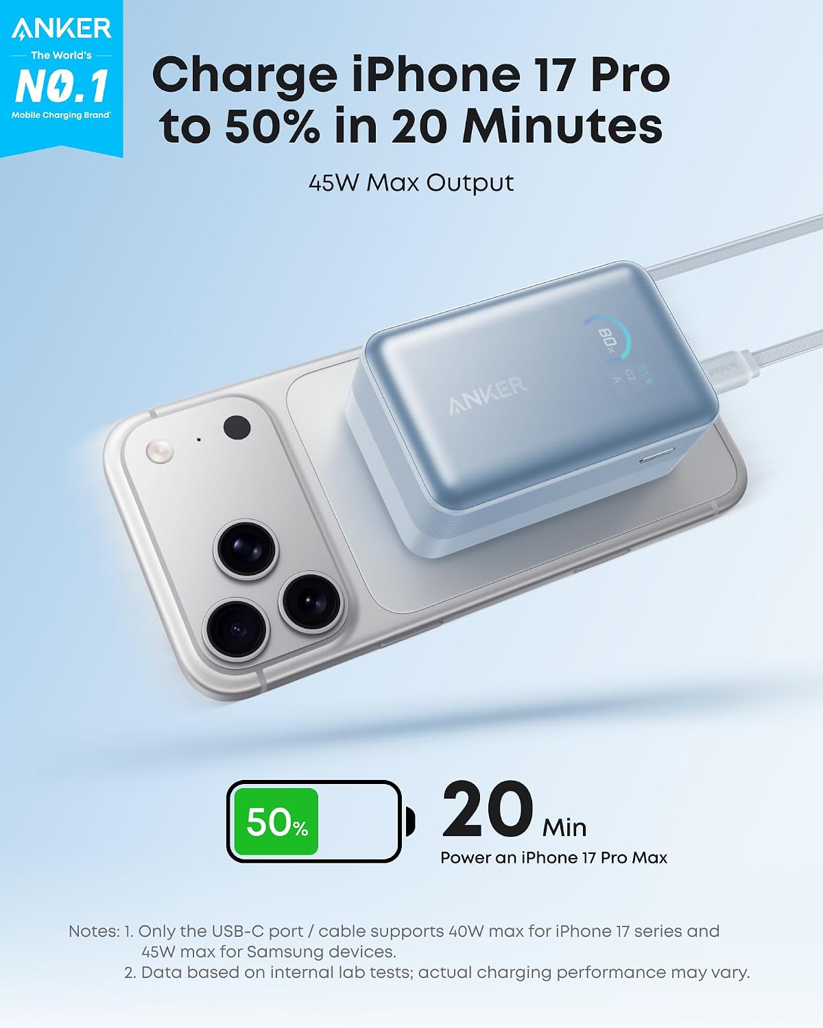 Baterie Externa Anker Nano, 10000mAh, 45W, QC + PD, 1 x USB-A - 2 x USB-C, Albastra
