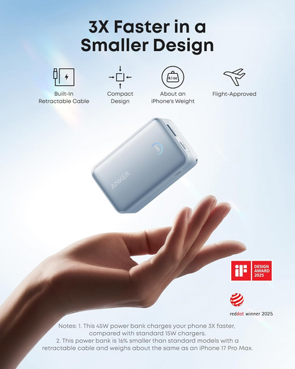 Baterie Externa Anker Nano, 10000mAh, 45W, QC + PD, 1 x USB-A - 2 x USB-C, Albastra