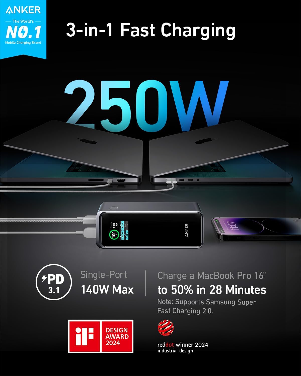 Baterie Externa Anker Prime, 27650mAh, 250W, QC + PD, 1 x USB-A - 2 x USB-C, Neagra A1340011