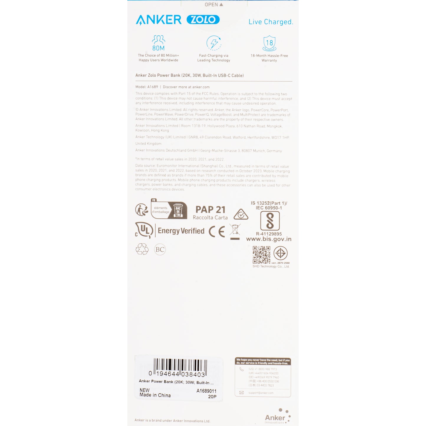 Baterie Externa Anker Zolo, 20000mAh, 30W, QC + PD, 1 x USB-A - 2 x USB-C, Neagra A1689011