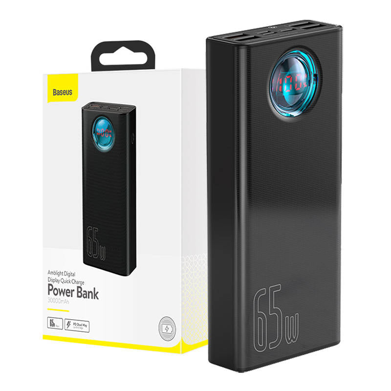 Baterie Externa Baseus Amblight Digital Display, 30000mAh, 65W, QC + PD, 1 x USB-C - 4 x USB-A, Neagra PPLG000101