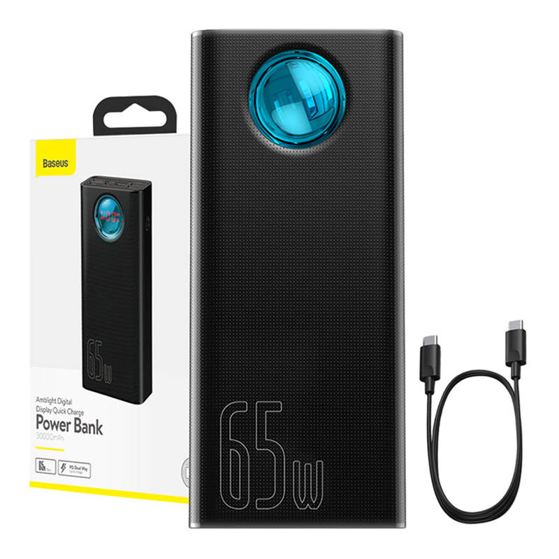 Baterie Externa Baseus Amblight Digital Display, 30000mAh, 65W, QC + PD, 1 x USB-C - 4 x USB-A, Neagra PPLG000101