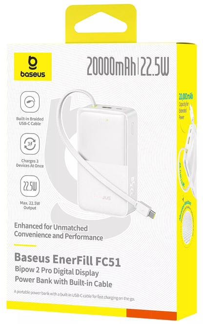 Baterie Externa Baseus EnerFill Bipow2 Pro, 20000mAh, 22.5W, QC + PD, 1 x USB-A - 2 x USB-C, Alba E0027700