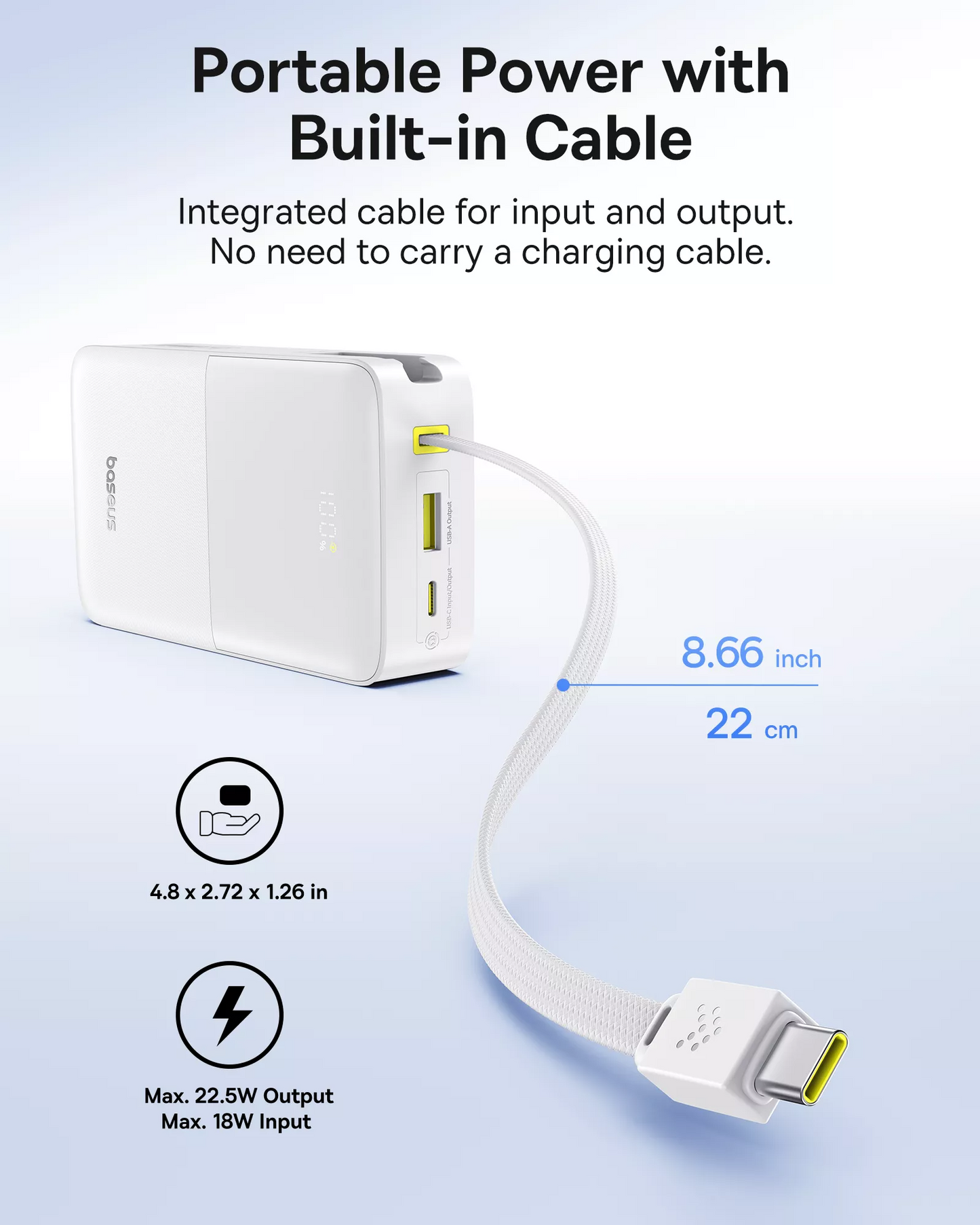 Baterie Externa Baseus EnerFill Bipow2 Pro, 20000mAh, 22.5W, QC + PD, 1 x USB-A - 2 x USB-C, Alba E0027700