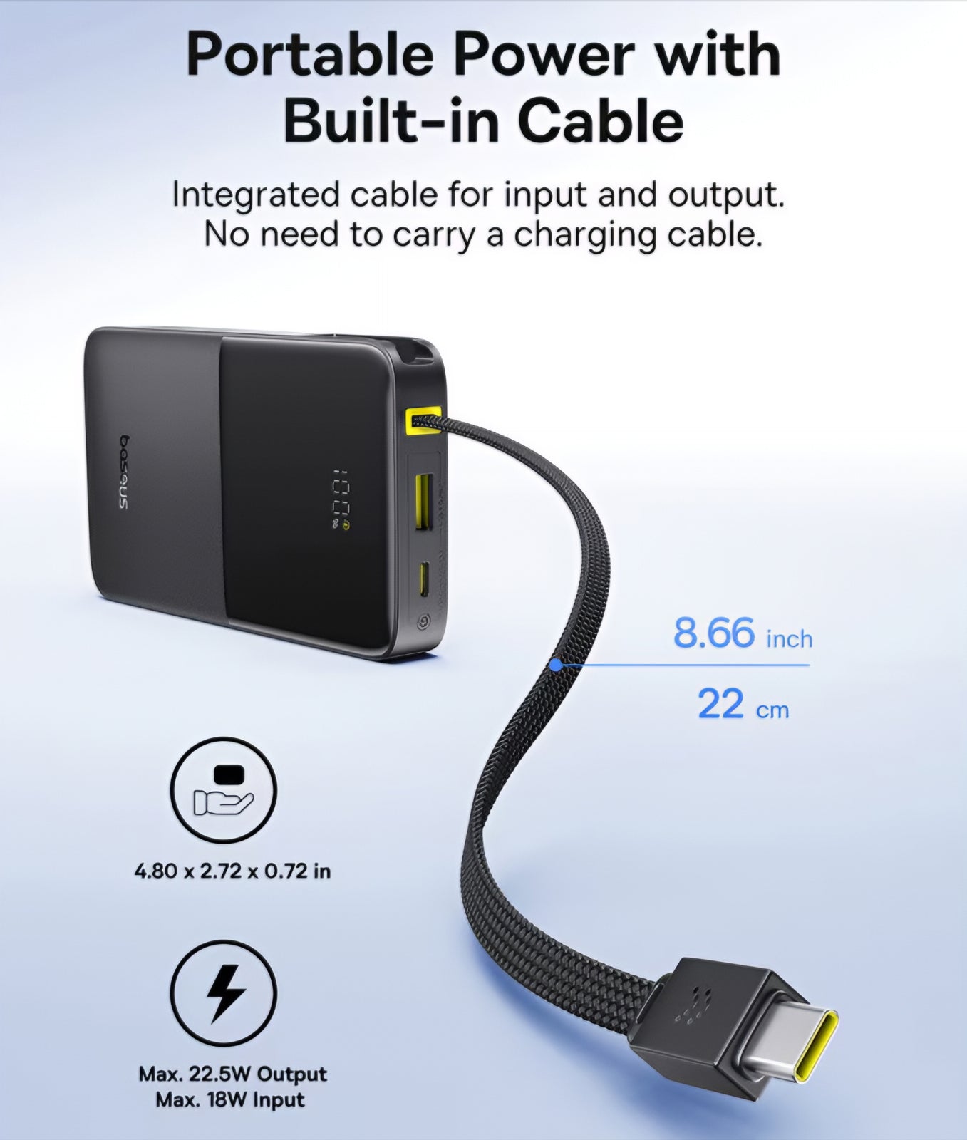 Baterie Externa Baseus EnerFill Bipow2 Pro, 10000mAh, 22.5W, QC + PD, 1 x USB-A - 2 x USB-C, Neagra E0027600