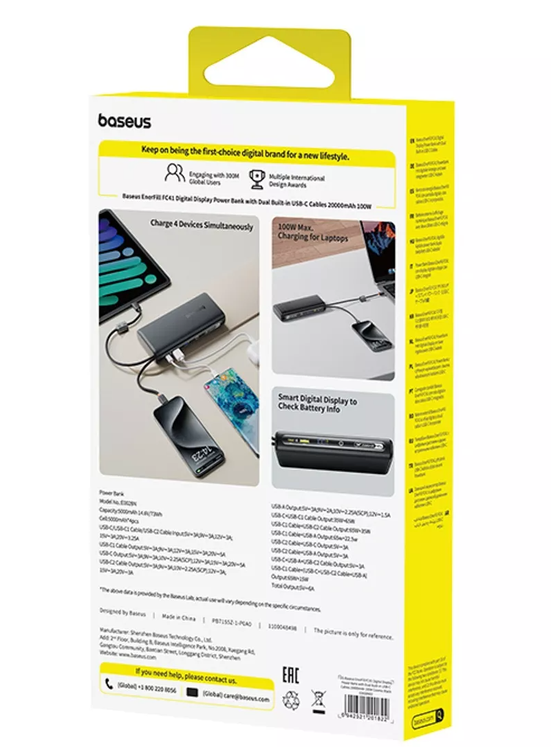 Baterie Externa Baseus EnerFill FC41, 20000mAh, 100W, QC + PD, 1 x USB-A - 3 x USB-C, Neagra E0028N03