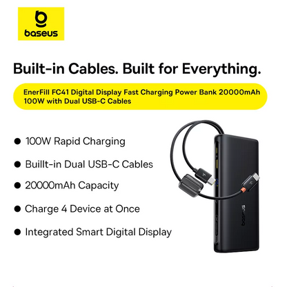 Baterie Externa Baseus EnerFill FC41, 20000mAh, 100W, QC + PD, 1 x USB-A - 3 x USB-C, Neagra E0028N03