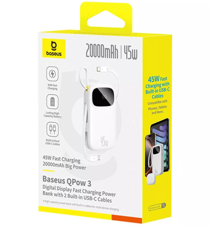 Baterie Externa Baseus EnerFill FC31, 20000mAh, 45W, QC + PD, 1 x Lightning - 1 x USB-A - 2 x USB-C, Alba P10082105213-00
