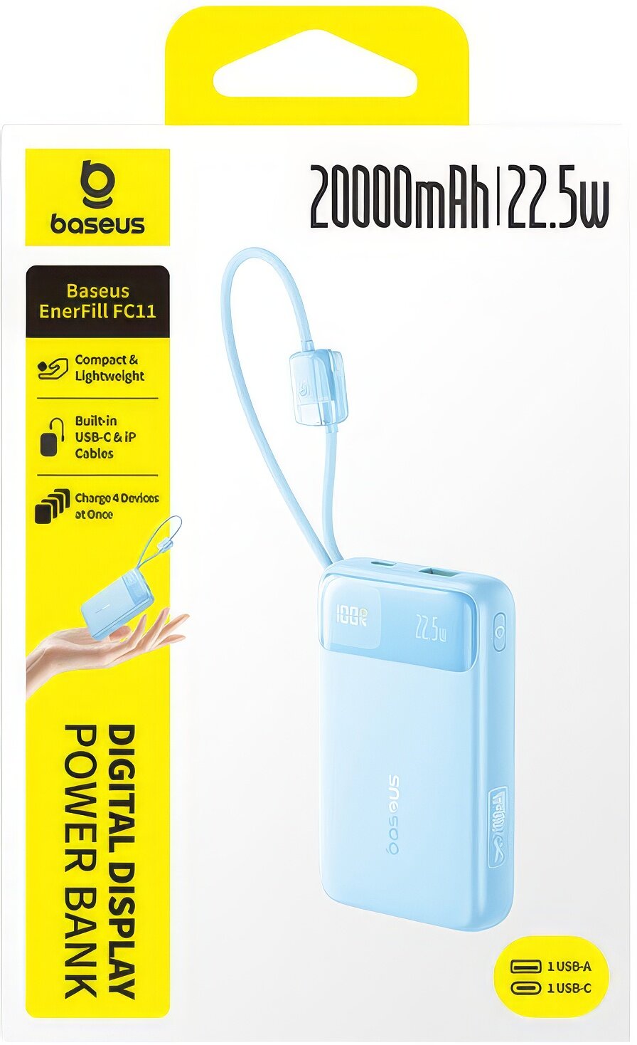 Baterie Externa Baseus EnerFill FC11, 20000mAh, 22.5W, QC + PD, 1 x Lightning - 1 x USB-A - 2 x USB-C, Albastra E0027S06