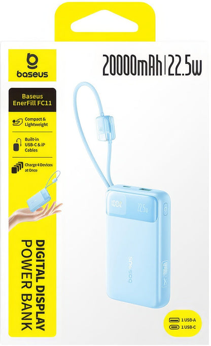 Baterie Externa Baseus EnerFill FC11, 20000mAh, 22.5W, QC + PD, 1 x Lightning - 1 x USB-A - 2 x USB-C, Albastra E0027S06