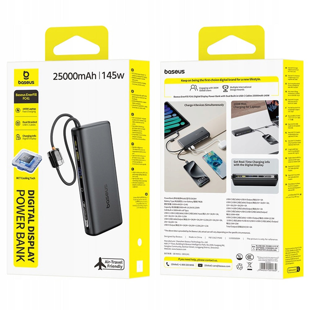Baterie Externa Baseus EnerFill FC41, 25000mAh, 145W, QC + PD, 1 x USB-A - 3 x USB-C, Neagra E0028H03
