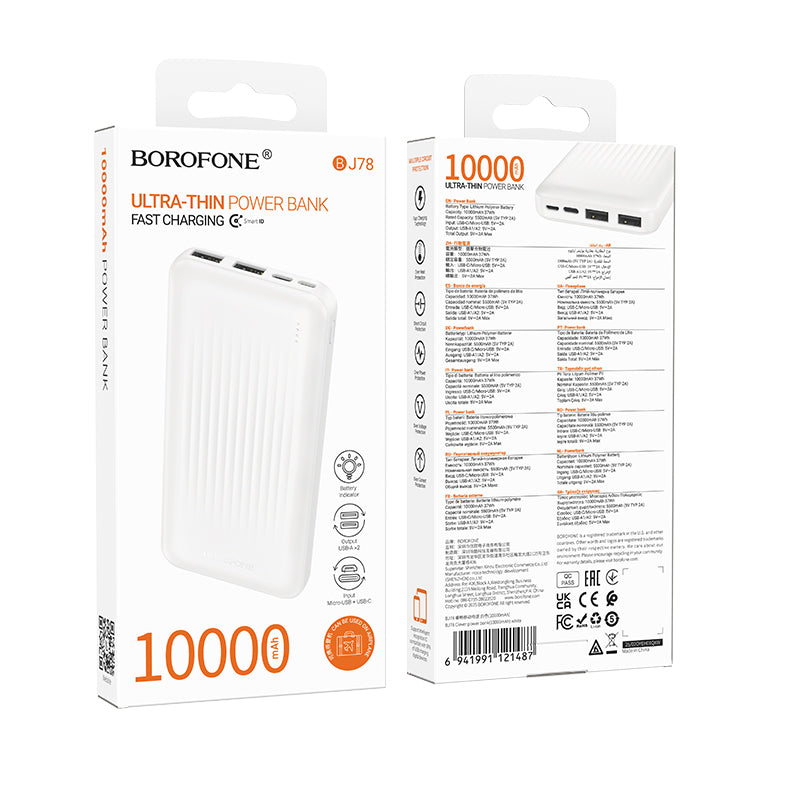 Baterie Externa Borofone BJ78 Clever, 10000mAh, 10W, 2 x USB-A, Alba