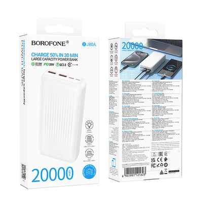 Baterie Externa Borofone BJ80A Clever, 20000mAh, 22.5W, QC + PD, 1 x USB-C - 2 x USB-A, Alba