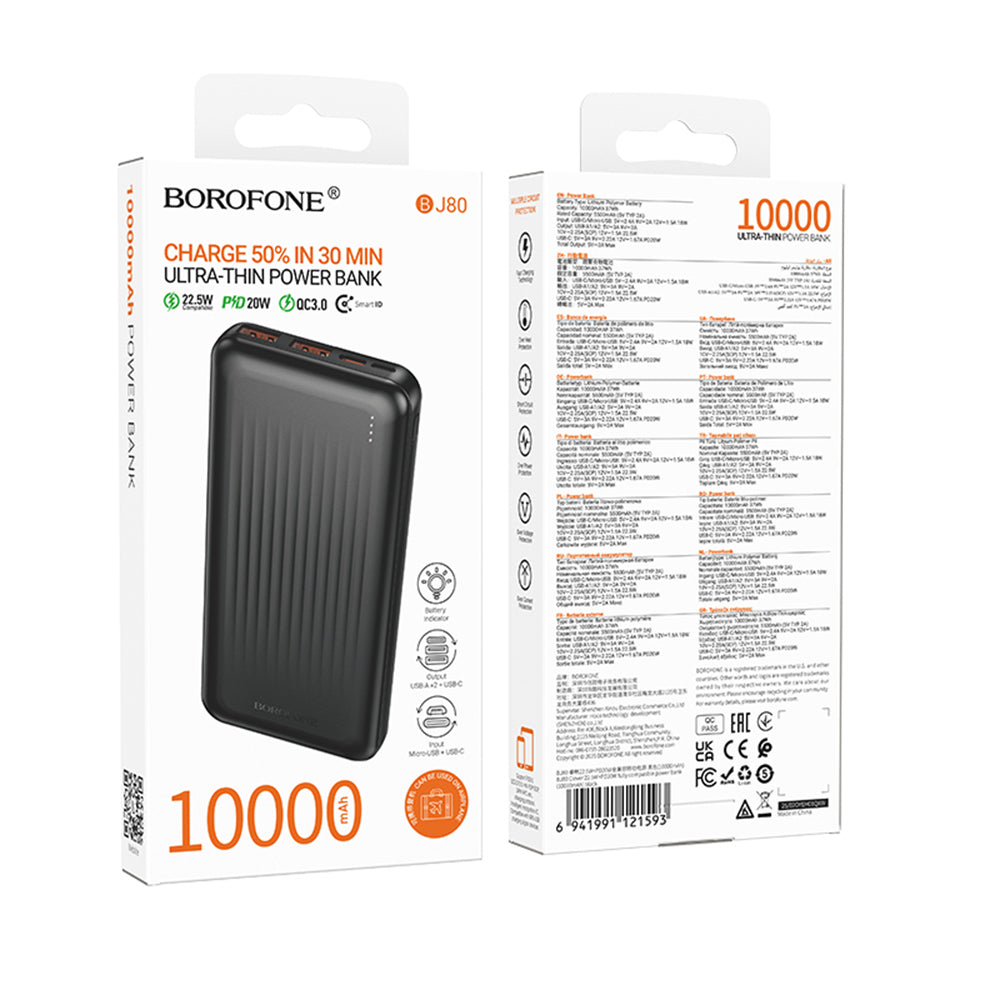 Baterie Externa Borofone BJ80A Clever, 10000mAh, 22.5W, QC + PD, 1 x USB-C - 2 x USB-A, Neagra