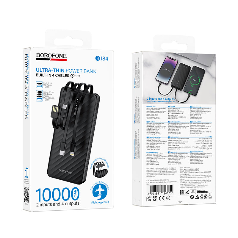 Baterie Externa Borofone BJ84 Smooth, 10000mAh, 10W, 1 x Lightning - 1 x microUSB - 1 x USB-A - 1 x USB-C, Neagra