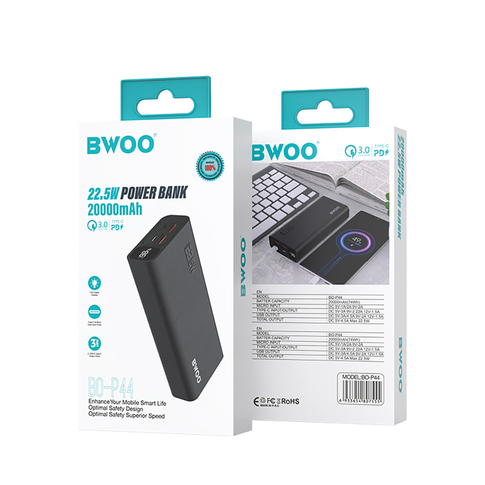 Baterie Externa BWOO BO-P44, 20000mAh, 22.5W, QC + PD, 1 x USB-C - 2 x USB-A, Neagra
