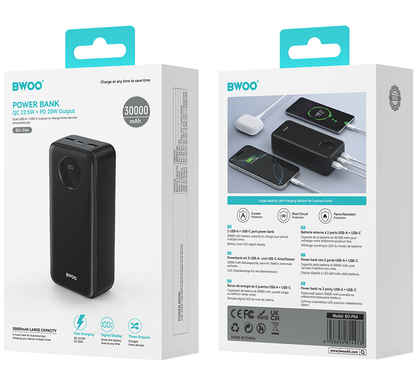 Baterie Externa BWOO BO-P64, 30000mAh, 22.5W, QC + PD, 1 x USB-C - 2 x USB-A, Neagra