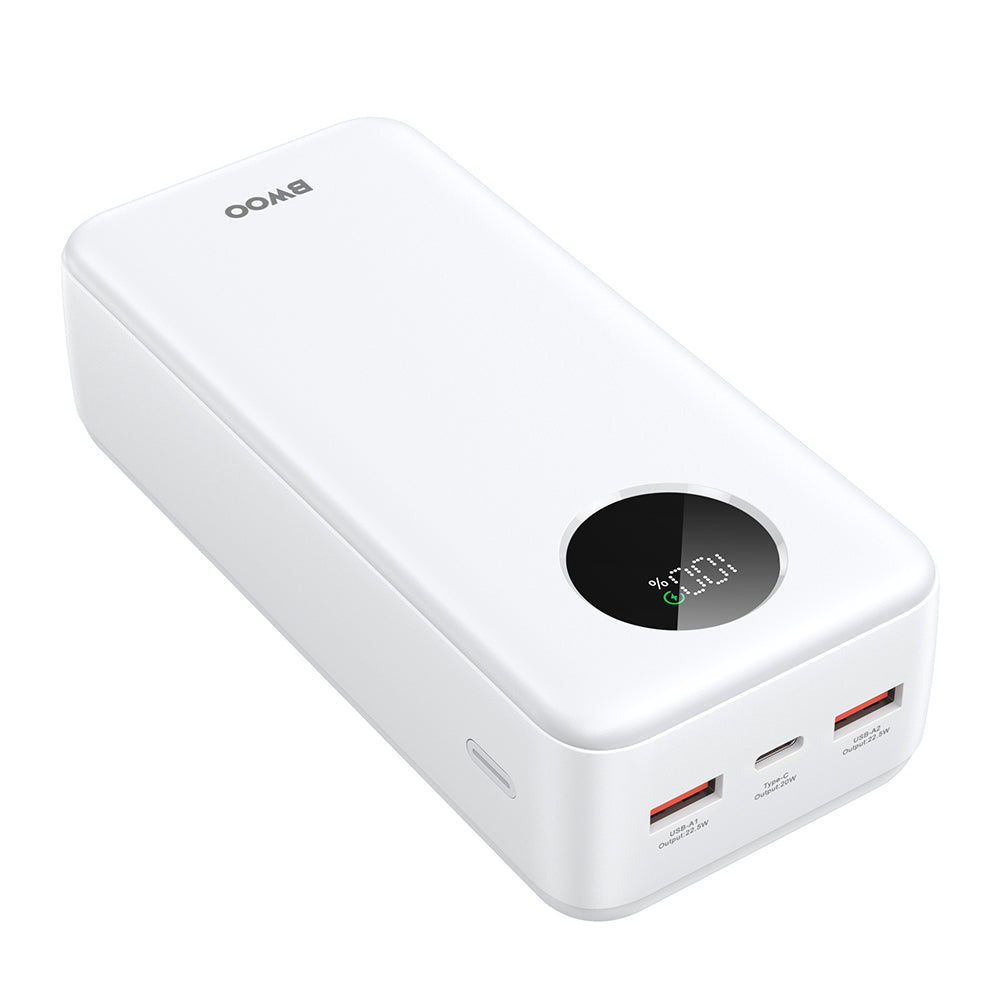 Baterie Externa BWOO BO-P64, 30000mAh, 22.5W, QC + PD, 1 x USB-C - 2 x USB-A, Alba