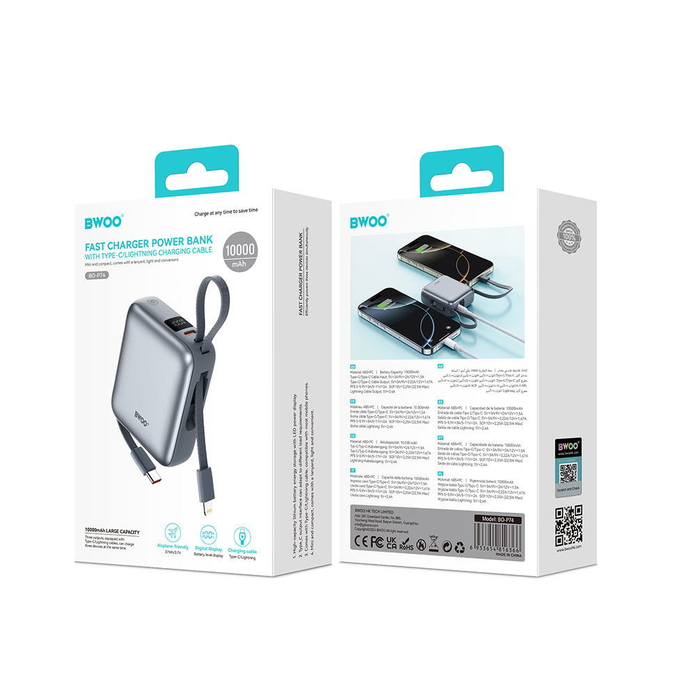 Baterie Externa BWOO BO-P74, 10000mAh, 22.5W, PD, 1 x Lightning - 2 x USB-C, Neagra