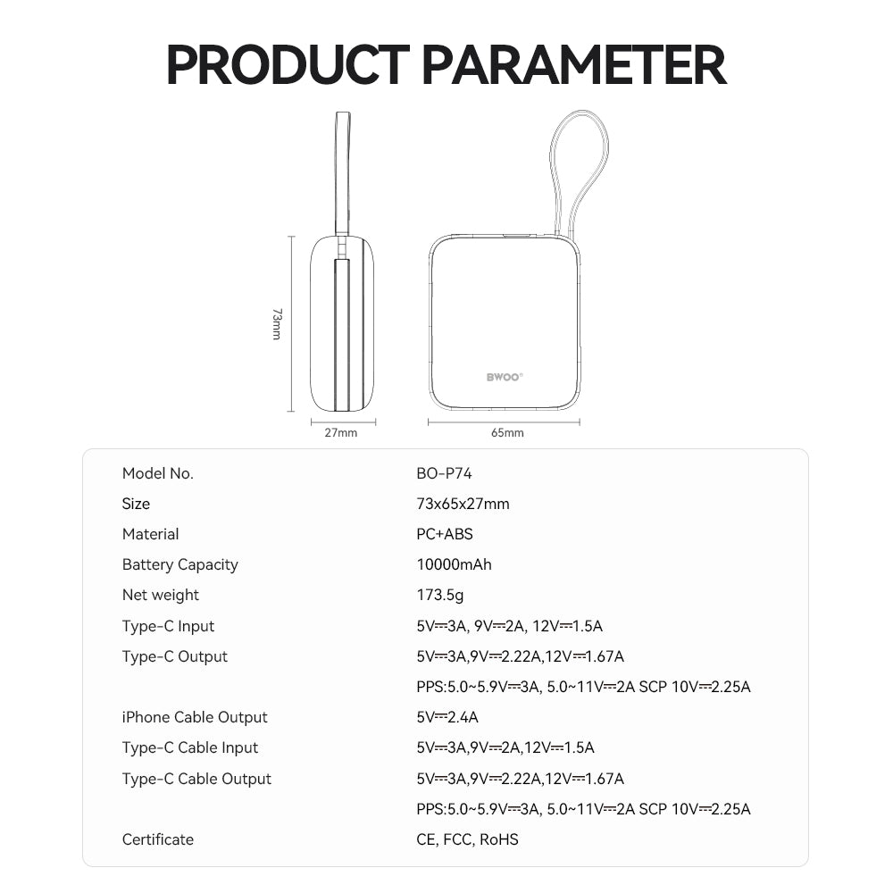 Baterie Externa BWOO BO-P74, 10000mAh, 22.5W, PD, 1 x Lightning - 2 x USB-C, Neagra