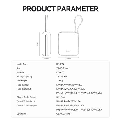 Baterie Externa BWOO BO-P74, 10000mAh, 22.5W, PD, 1 x Lightning - 2 x USB-C, Neagra