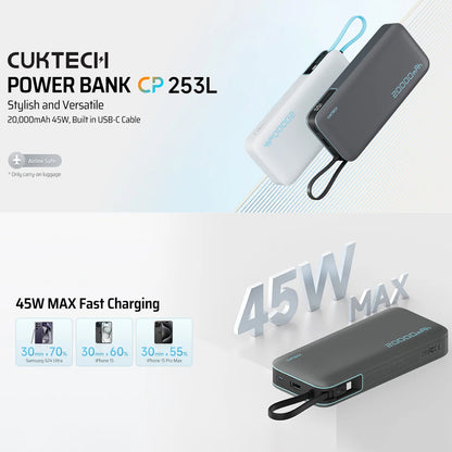 Baterie Externa Cuktech LPB200N, 20000mAh, 45W, QC + PD, 1 x USB-A - 2 x USB-C, Alba CUKP200NGLLG
