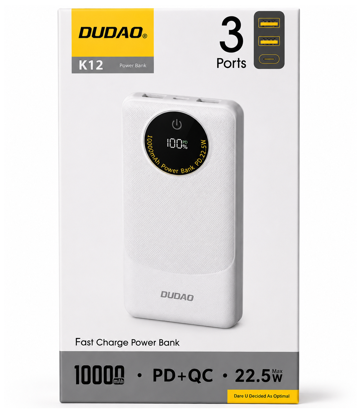 Baterie Externa Dudao K12, 10000mAh, 22.5W, QC + PD, 1 x USB-C - 2 x USB-A, Alba
