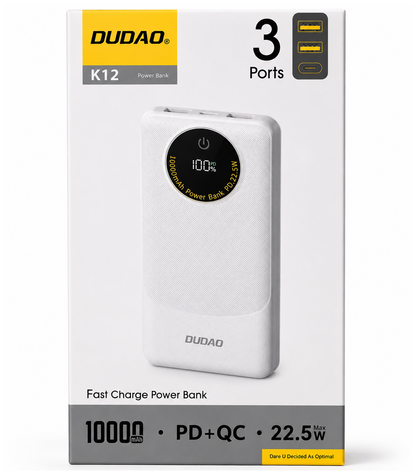 Baterie Externa Dudao K12, 10000mAh, 22.5W, QC + PD, 1 x USB-C - 2 x USB-A, Alba