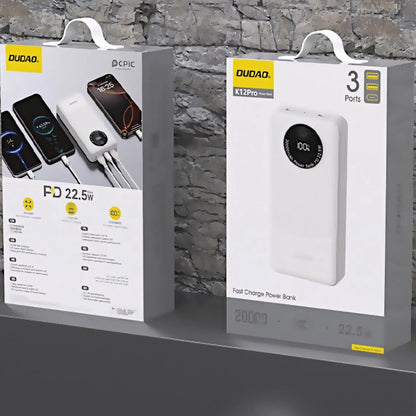 Baterie Externa Dudao K12Pro, 20000mAh, 22.5W, QC + PD, 1 x USB-C - 2 x USB-A, Alba