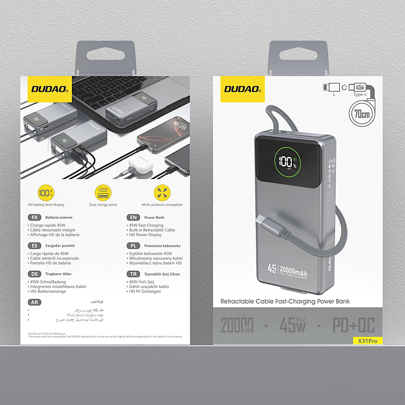 Baterie Externa Dudao K31 Pro, 20000mAh, 45W, QC + PD, 1 x USB-A - 2 x USB-C, Gri