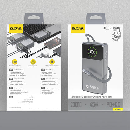 Baterie Externa Dudao K31 Pro, 20000mAh, 45W, QC + PD, 1 x USB-A - 2 x USB-C, Gri