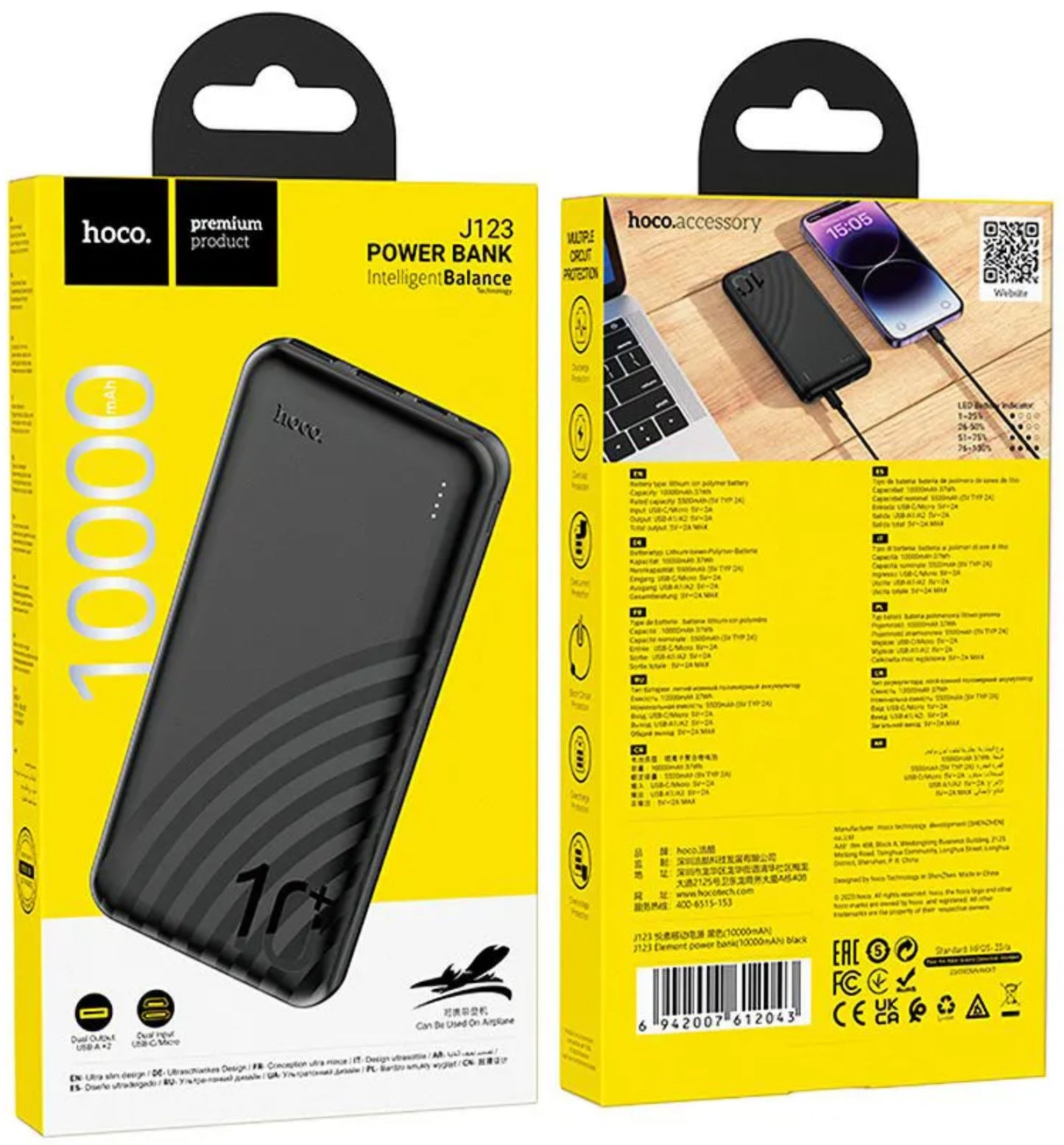 Baterie Externa HOCO J123, 10000mAh, 10W, 2 x USB-A, Neagra