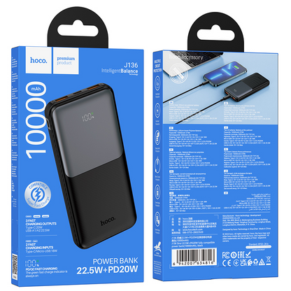 Baterie Externa HOCO J136, 10000mAh, 22.5W, QC + PD, 1 x USB-C - 2 x USB-A, Neagra