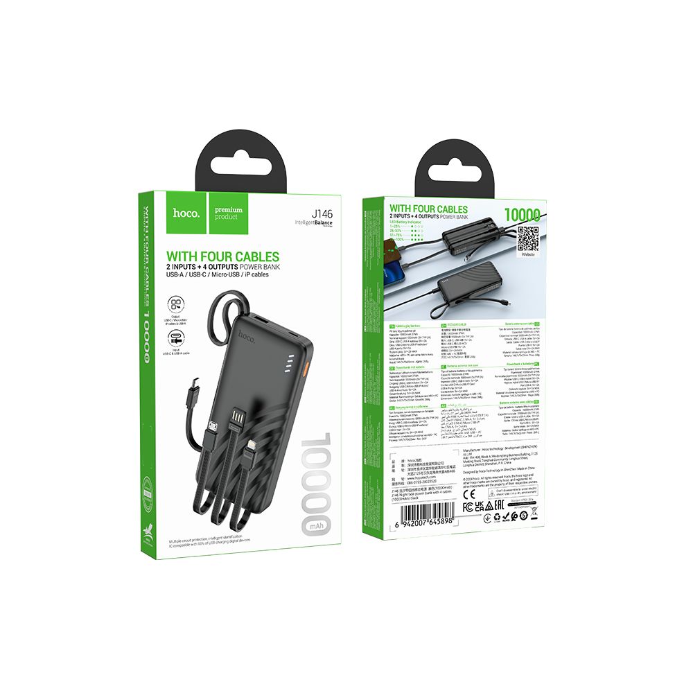 Baterie Externa HOCO J146, 10000mAh, 10W, 1 x Lightning - 1 x microUSB - 1 x USB-A - 1 x USB-C, Neagra