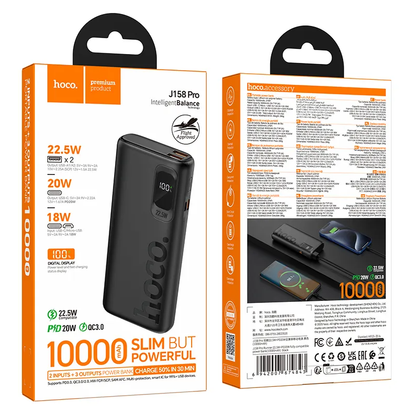 Baterie Externa HOCO J158 Pro, 10000mAh, 22.5W, QC + PD, 1 x USB-C - 2 x USB-A, Neagra