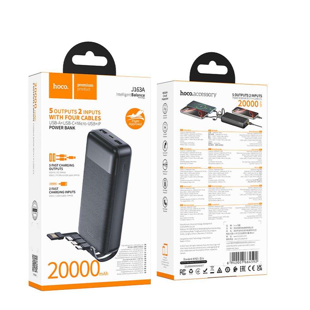 Baterie Externa HOCO J163A, 20000mAh, 10W, 1 x Lightning - 1 x microUSB - 1 x USB-C - 2 x USB-A, Neagra